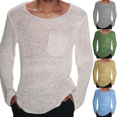 Frühling Srickpullover Herren Rundhals Sweater mit Brusttasche einfarbig Pullover 2XL