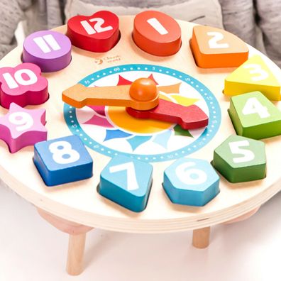 Holzspielzeug Uhr mit Formen Kinder spielerisch Uhrzeit lernen mit Zahlen Formen