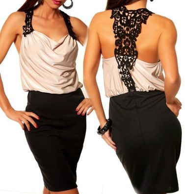 SeXy Miss Damen Mini Kleid Häkel Spitze Rücken Dress 34 beige schwarz