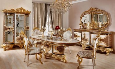 Luxus Weiße Klassisches Esszimmer Garnitur Esstisch 6x Stühle Kommode