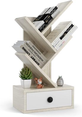 Bücherregal Baumform, Holzregal mit Schublade, 38 x 21,5 x 149,5 cm kleines Regal