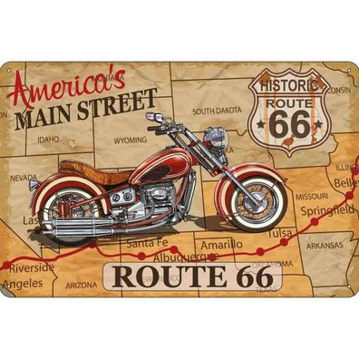 Blechschild 20x30 cm - Motorrad America`s main street route 66
