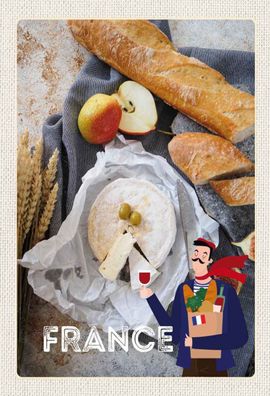 Holzschild 20x30 cm - Frankreich Baguette Käse Birne Olive