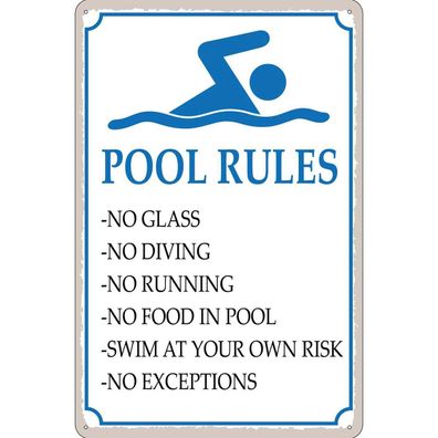 vianmo Blechschild 30x40 cm gewölbt Warnschild Hinweis Pool Rules No glass no diving