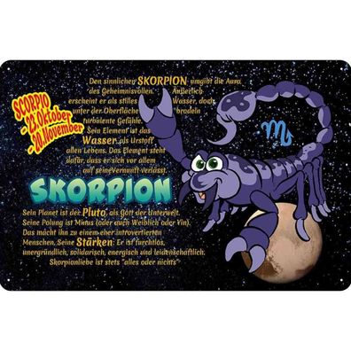 Blechschild 18x12 cm - Sternzeichen Skorpion Planet Stärke