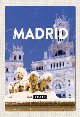 Holzschild 20x30 cm - Madrid Spanien Winter Nacht Trip