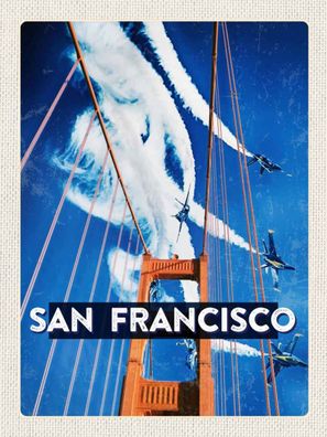 Holzschild 30x40 cm - San Francisco Brücke Flugzeug Himmel