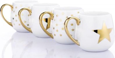 Kaffeebecher Teebecher Porzellan Gold Star - 4 Stück - Sternedekor