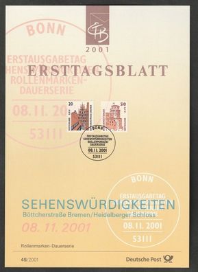 BRD Ersttagsblatt Sehenswürdigkeiten Böttcherstraße Bremen und Heidelberger Schloß