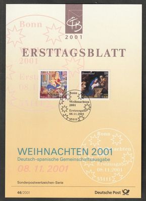 BRD Ersttagsblatt Weihnachten 2001 Jungfrau mit Kind, Anbetung der Hirten ETB 46-01