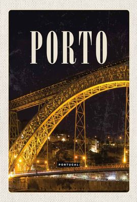 Holzschild 20x30 cm - Porto Portugal Brücke Nacht Bild