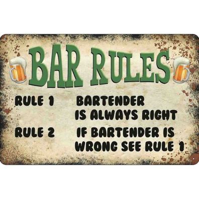 Blechschild 20x30 cm - Bier Bar Rules Bartender always