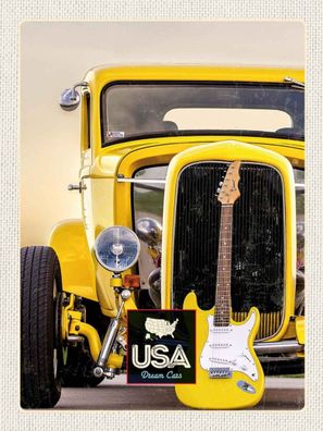 Blechschild 30x40 cm - Amerika Oldtimer gelb Auto Gitarre