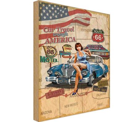 Holzschild 20x30 cm - Pinup Car Travel trough America