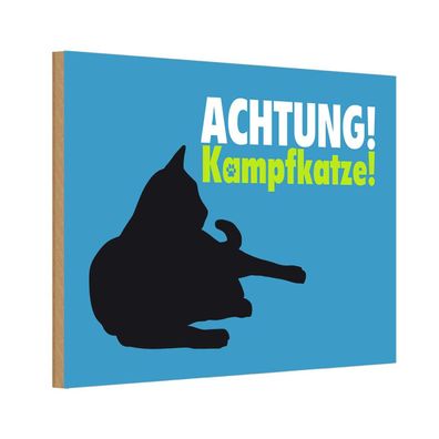 Holzschild 18x12 cm - Achtung Kampfkatze Katze blau