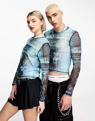 Damen Mesh Sheer Pullover Graffiti Druck Sweatshirt Crop Unterhemd Paar Top S-3XL