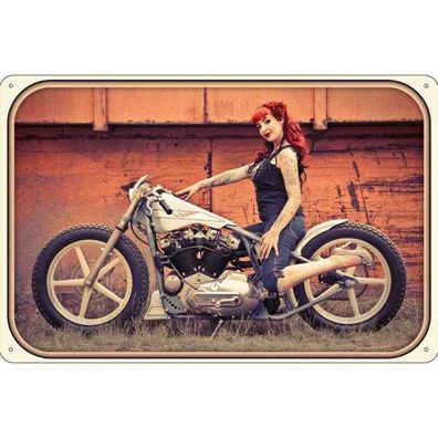 Blechschild 18x12 cm - Motorrad Biker Girl Frau Pin up