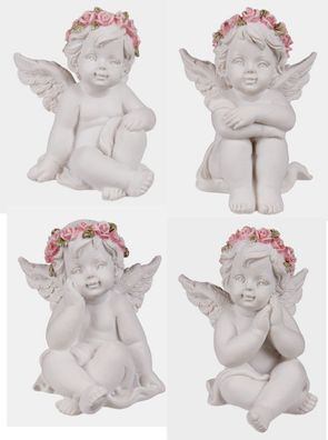 4 zauberhafte sitzende Engelsfiguren mit rosafarbenen Rosenblütenkranz