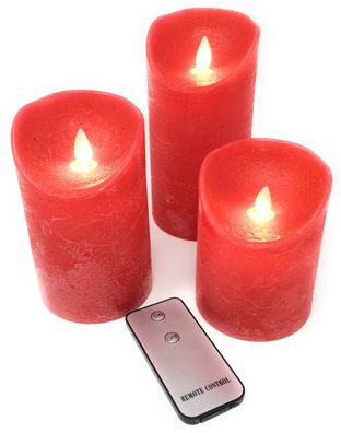 3x LED echtwachs Kerzen rot flammenlos Fernbedienung Stumpenkerze Weihnachten