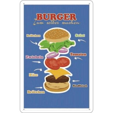 Blechschild 20x30 cm - Rezept Burger zum selber machen