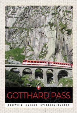 Holzschild 20x30 cm - Gotthard Pass Schweiz rote Lokomotive