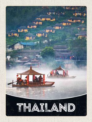 Holzschild 30x40 cm - Thailand Asien Fluss Natur Häuser Boot