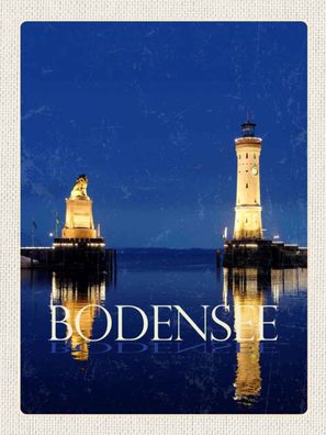 Holzschild 30x40 cm - Bodensee Deutschland Leuchttutm Nacht