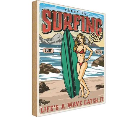 Holzschild 20x30 cm - Pinup Surfing Girl Paradise Sommer