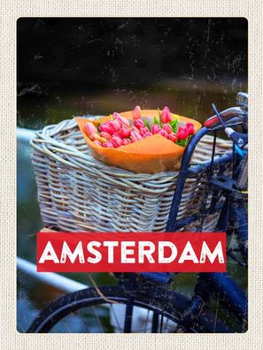 Holzschild 30x40 cm - Retro Amsterdam Tulpen Fahrrad