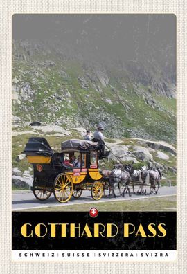 Holzschild 20x30 cm - Gotthard Pass Schweiz Pferdekutsche