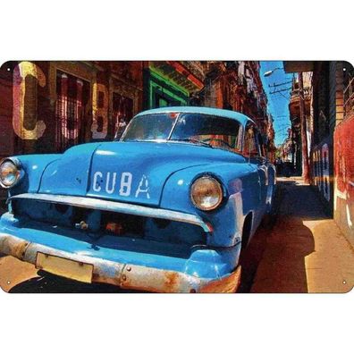 vianmo Blechschild 18x12 cm gewölbt Garage Werkstatt Cuba blaues Auto