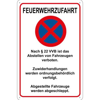 vianmo Blechschild 30x40 cm gewölbt Warnschild Hinweis Feuerwehrzufahrt nach §22VVB