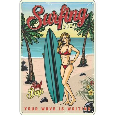Blechschild 30x40 cm - Pin Up Surfing Girl Sommer Party