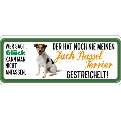 Blechschild 27x10 cm - Jack Russel Terrier Hund gestreichelt