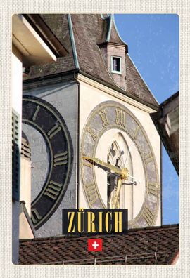 Blechschild 20x30 cm - Zürich Kirchenuhr Gold Architektur