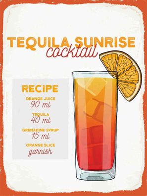 Holzschild 30x40 cm - Tequila Sunrise Cocktail Recipe