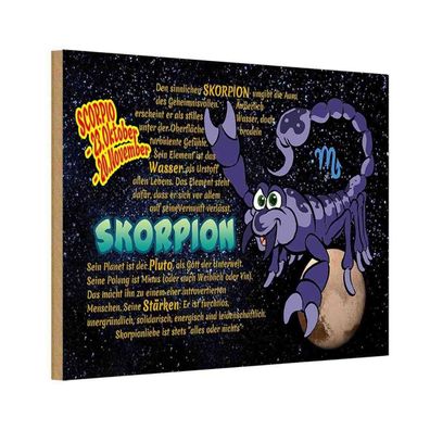 Holzschild 18x12 cm - Sternzeichen Skorpion Planet Stärke