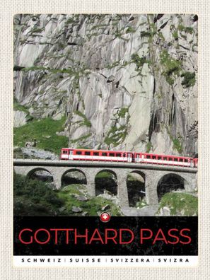 Holzschild 30x40 cm - Gotthard Pass Schweiz rote Lokomotive