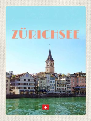 Holzschild 30x40 cm - Zürich Schweiz Ausblick See auf Stadt