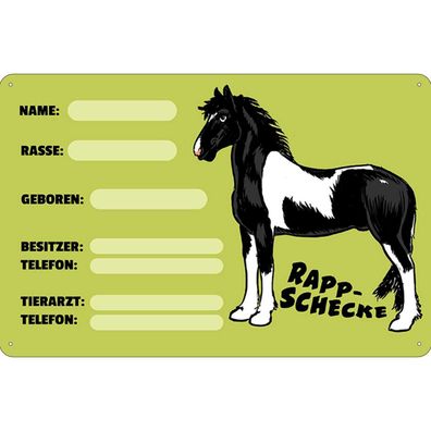 Blechschild 18x12 cm - Pferd Rappschecke Name Besitzer Rasse