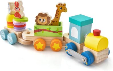 3 teiliges Holz Eisenbahn Set, Kinder Holzzug stapelbar mit Bausteinen & Tierfiguren