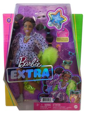 Mattel GXF10 Barbie Extra, Puppe mit fliederfarbenen Kleid mit Sternen, neongrün