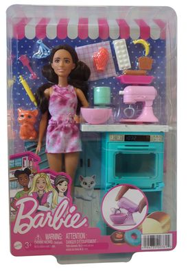 Mattel HCD44 Barbie Bäckerin mit langen braunen Haaren, mit Backofen, Backzubehö