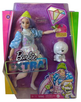 Mattel GVR05 Barbie Extra, Puppe mit schimmerndem Kleid und grüner Mütze, rosa-b