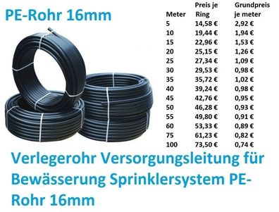 Verlegerohr Versorgungsleitung 16 mm PE Rohr Wasserleitung Druckrohr