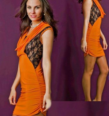 SeXy Miss Damen Wasserfall Girly Mini Kleid Spitze Raff 34/36/38 orange/ schwarz