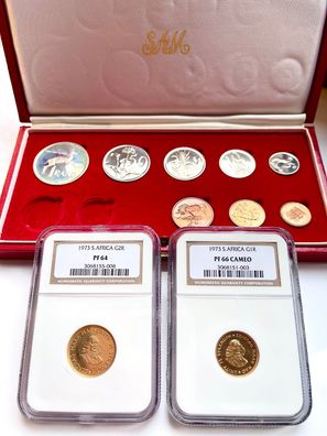 Südafrika - 1973 - Rand - 10 Münzen Long-Proof Set - mit rotem Originaletui und NGC G