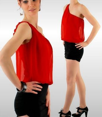 SeXy MiSS Damen Mini Kleid Chiffon One Shoulder Dress 34/36/38 schwarz rot NEU