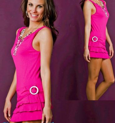 SeXy Damen Girly Trend Volant Mini Kleid Gürtel Look Kette 34/36/38 pink NEU