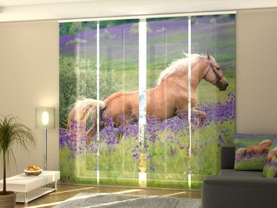Foto-Schiebegardine Pferd im Blumenfeld, Flächenvorhang mit Motiv, Fotodruck, auf Maß